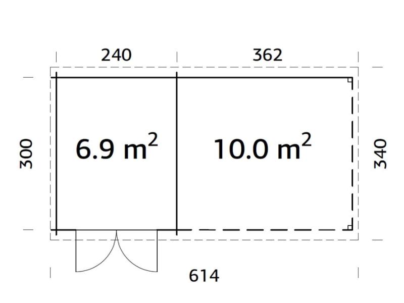 Palmako Blockbohlenhaus Ella 6,9 + 10,0 mit Anbaudach und Rückwand 28 mm braune Tauchgrundierung
