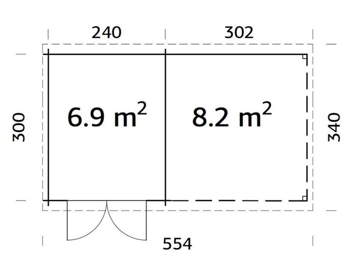 Palmako Blockbohlenhaus Ella 6,9 + 8,2 mit Anbaudach und Rückwand 28 mm natur