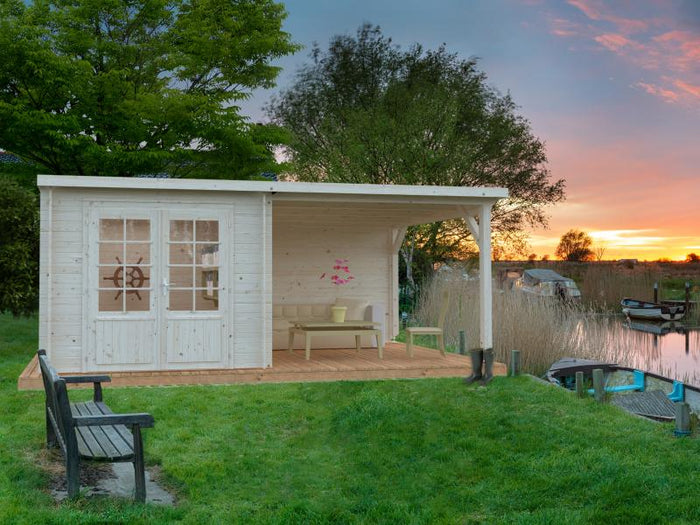 Palmako Blockbohlenhaus Ella 6,9 + 8,2 mit Anbaudach und Rückwand 28 mm transparente Tauchgrundierun