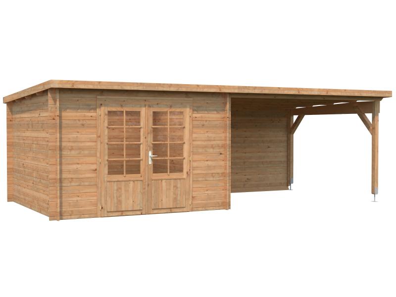 Palmako Blockbohlenhaus Ella 8,7 + 10,0 mit Anbaudach und Rückwand 28 mm braune Tauchgrundierung