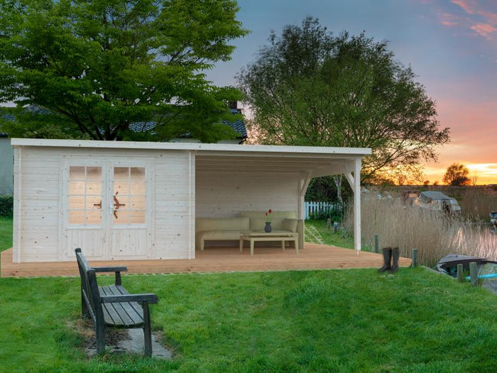 Palmako Blockbohlenhaus Ella 8,7 + 10,0 mit Anbaudach und Rückwand 28 mm transparente Tauchgrundieru