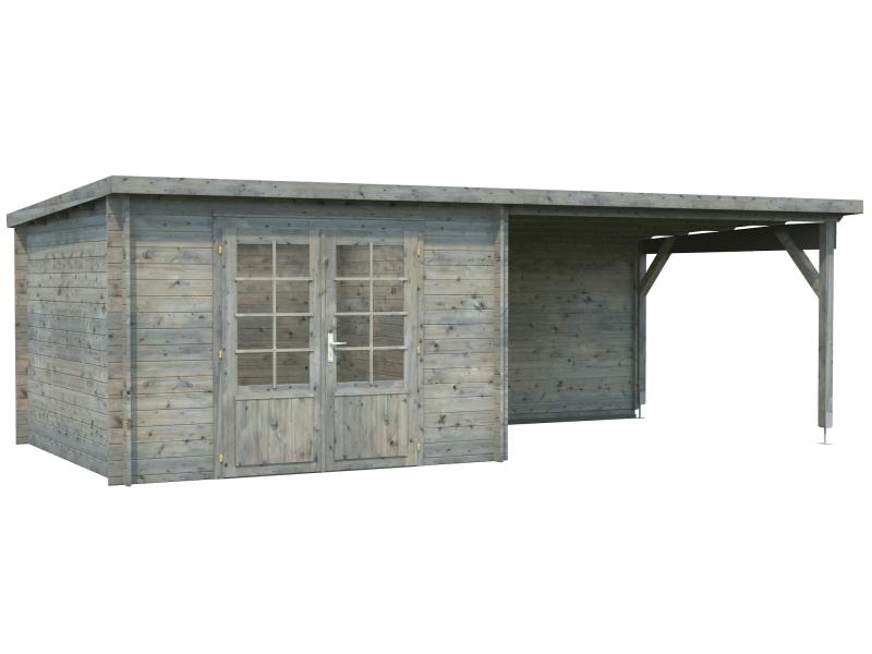 Palmako Blockbohlenhaus Ella 8,7 + 10,0 mit Anbaudach und Rückwand 28 mm graue Tauchgrundierung