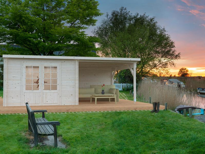 Palmako Blockbohlenhaus Ella 8,7 + 8,2 mit Anbaudach und Rückwand 28 mm natur