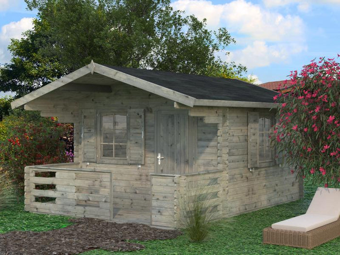 Palmako Blockbohlenhaus Emma 10,4 + 4,2 inkl. Fensterläden und Terrasse 34 mm graue Tauchgrundierung