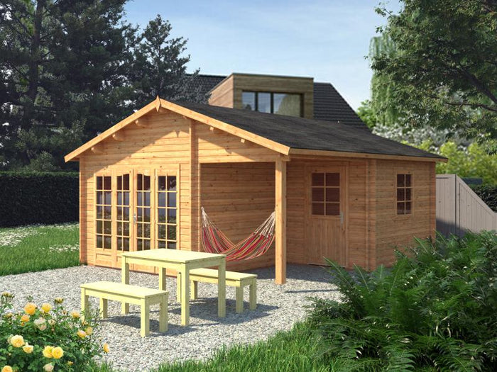 Palmako Blockbohlenhaus Irene 2-Raum 21,9 + 5,2 44 mm braun Tauchgrundierung