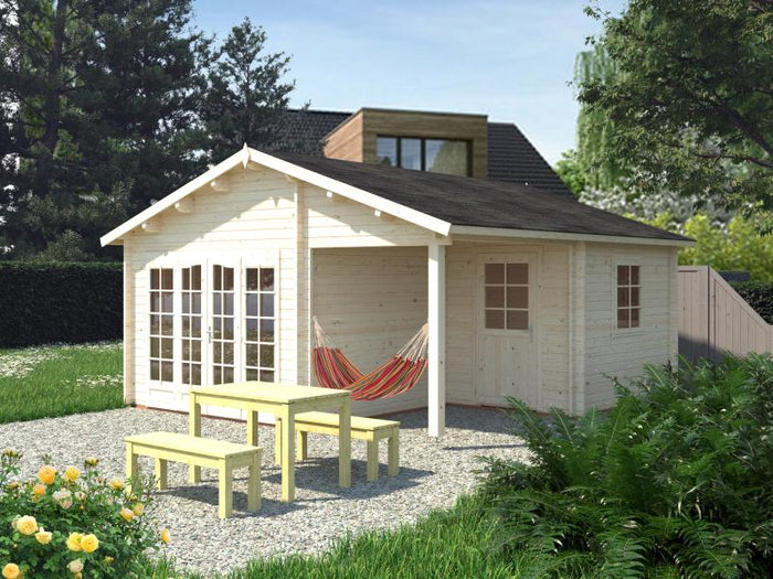 Palmako Blockbohlenhaus Irene 2-Raum 21,9 + 5,2 44 mm transparente Tauchgrundierung