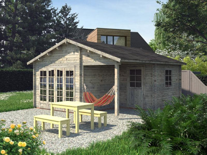 Palmako Blockbohlenhaus Irene 2-Raum 21,9 + 5,2 44 mm graue Tauchgrundierung