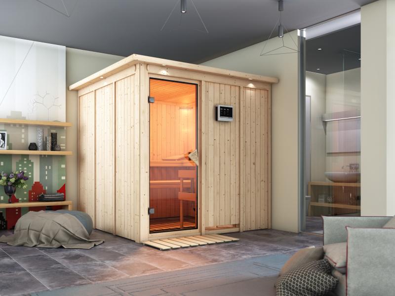 Rodin - Karibu Sauna inkl. 9-kW-Ofen - mit Dachkranz -