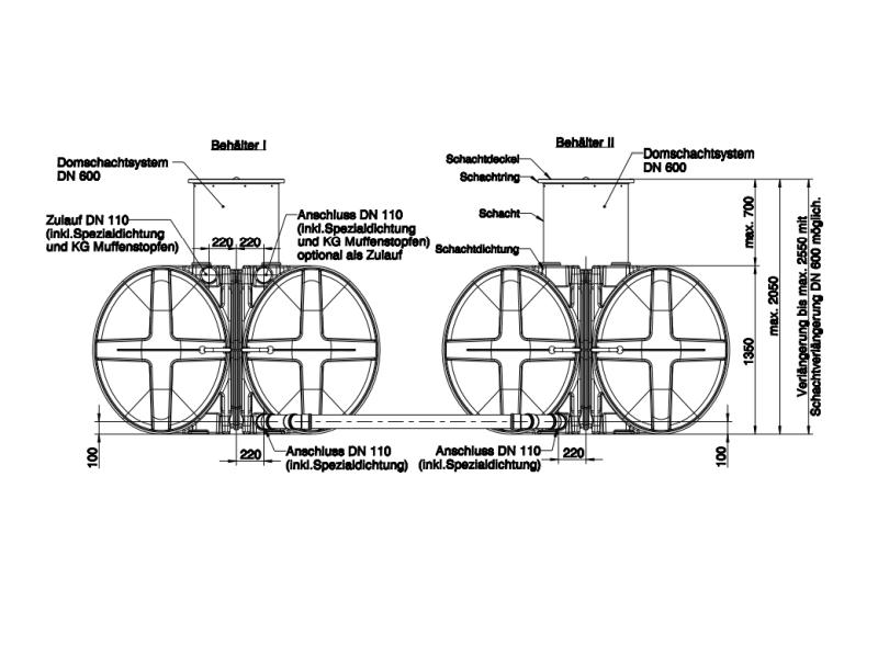 Roth Flachtank - Zisterne Twinbloc 10000 Liter (2 x 5000 L) mit höhenverstabllbarem Domschacht und A