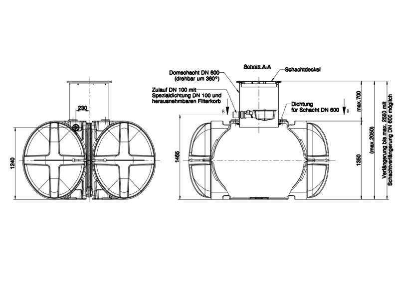 Roth Flachtank - Zisterne Twinbloc 5000 Liter mit Filterkorb, höhenverstabllbarem Domschacht und Abd