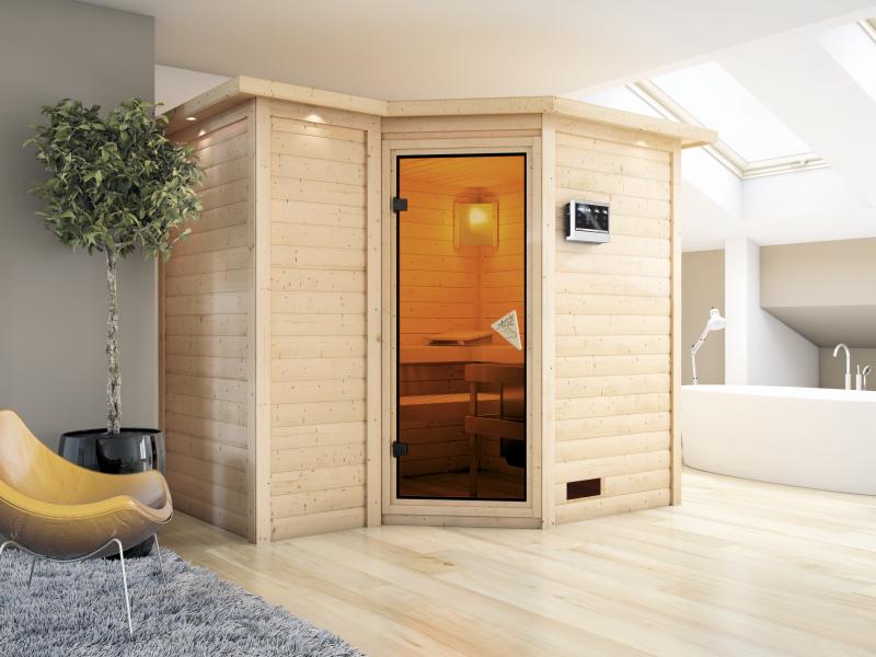 Sahib 2 - Karibu Sauna inkl. 9-kW-Bioofen - mit Dachkranz -