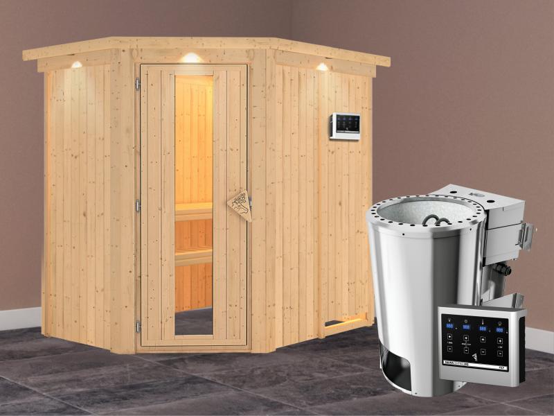 Saja - Karibu Sauna Plug & Play 3,6 kW Bio Ofen, ext. Steuerung - mit Dachkranz - Energiespartür