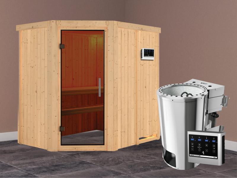 Saja - Karibu Sauna Plug & Play 3,6 kW Bio Ofen, ext. Steuerung - ohne Dachkranz - Moderne Saunatür