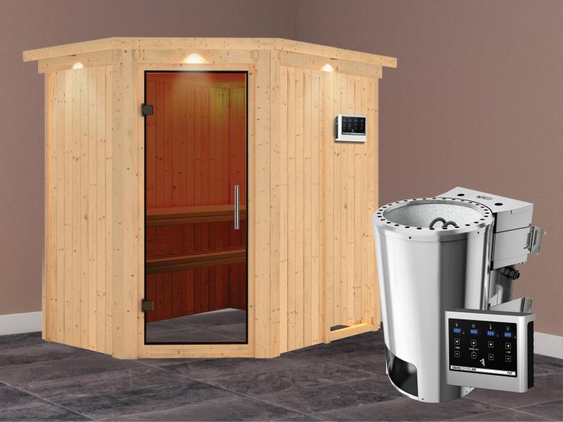 Saja - Karibu Sauna Plug & Play 3,6 kW Bio Ofen, ext. Steuerung - mit Dachkranz - Moderne Saunatür