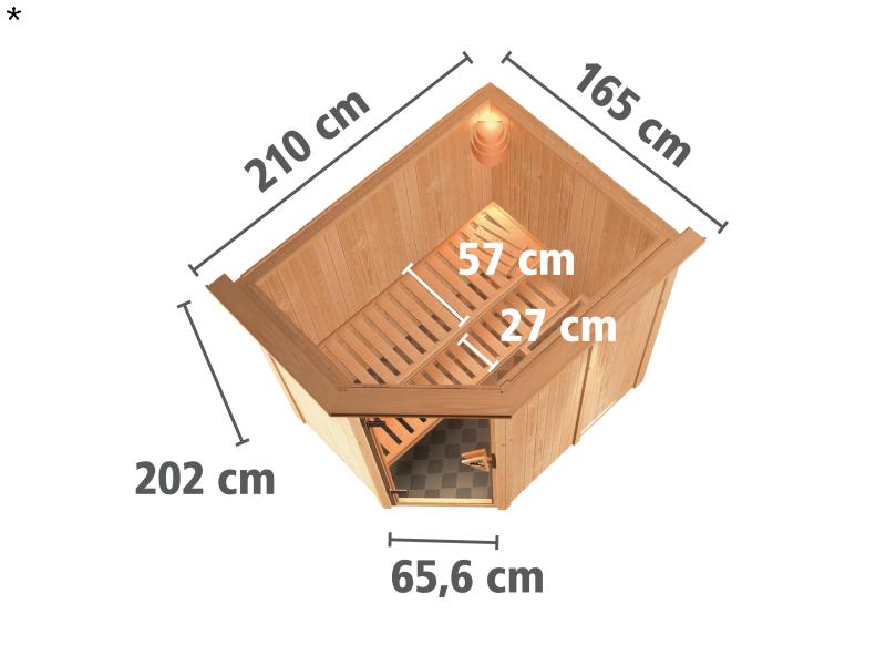 Saja - Karibu Sauna Plug & Play 3,6 kW Bio Ofen, ext. Steuerung - mit Dachkranz - Moderne Saunatür