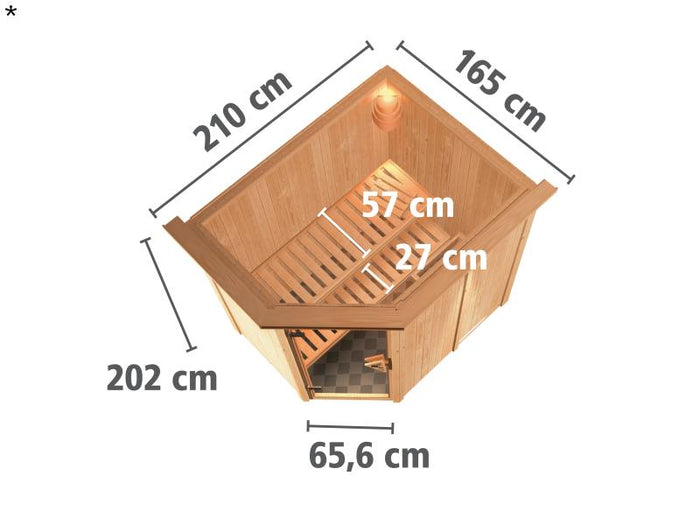 Saja - Karibu Sauna Plug & Play 3,6 kW Bio Ofen, ext. Steuerung - mit Dachkranz - Moderne Saunatür