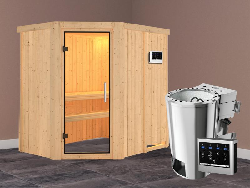 Saja - Karibu Sauna Plug & Play 3,6 kW Bio Ofen, ext. Steuerung - ohne Dachkranz - Klarglas Ganzglas