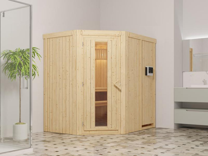 Saja - Karibu Sauna Plug & Play 3,6 kW Ofen, ext. Steuerung - ohne Dachkranz - Energiespartür