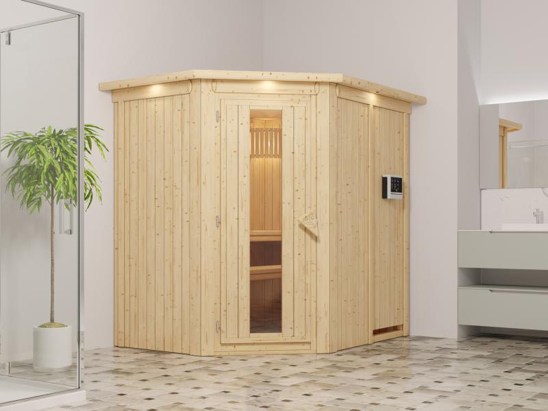 Saja - Karibu Sauna Plug & Play 3,6 kW Ofen, ext. Steuerung - mit Dachkranz - Energiespartür