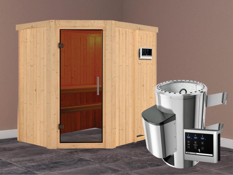 Saja - Karibu Sauna Plug & Play 3,6 kW Ofen, ext. Steuerung - ohne Dachkranz - Moderne Saunatür