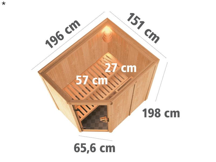 Saja - Karibu Sauna Plug & Play 3,6 kW Ofen, ext. Steuerung - ohne Dachkranz - Moderne Saunatür