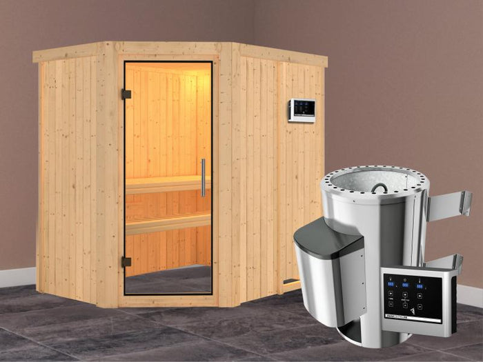 Saja - Karibu Sauna Plug & Play 3,6 kW Ofen, ext. Steuerung - ohne Dachkranz - Klarglas Ganzglastür