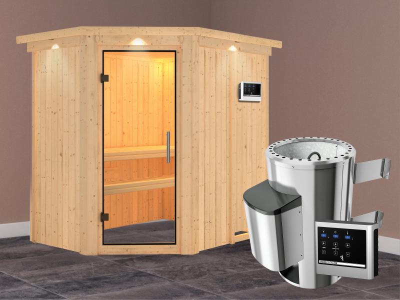 Saja - Karibu Sauna Plug & Play 3,6 kW Ofen, ext. Steuerung - mit Dachkranz - Klarglas Ganzglastür