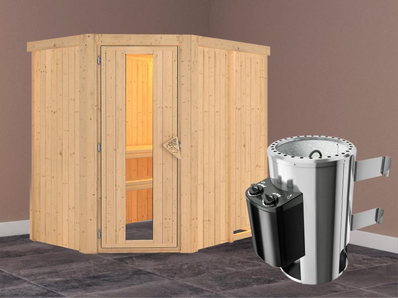 Saja - Karibu Sauna Plug & Play 3,6 kW Ofen, int. Steuerung - ohne Dachkranz - Energiespartür