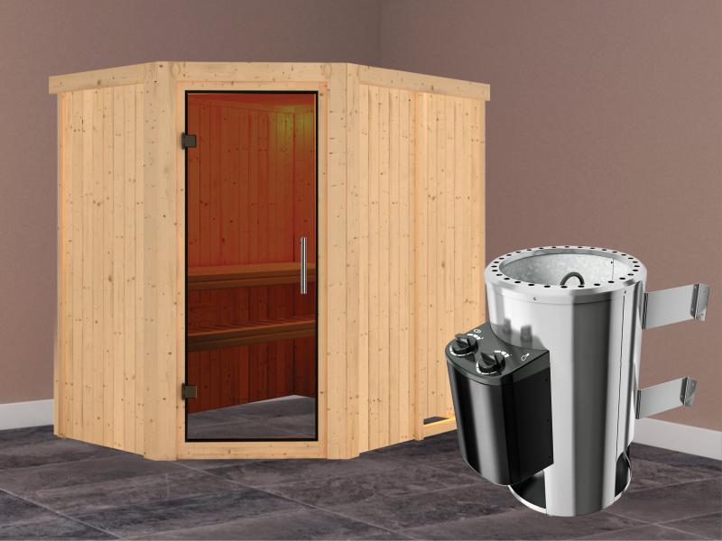 Saja - Karibu Sauna Plug & Play 3,6 kW Ofen, int. Steuerung - ohne Dachkranz - Moderne Saunatür