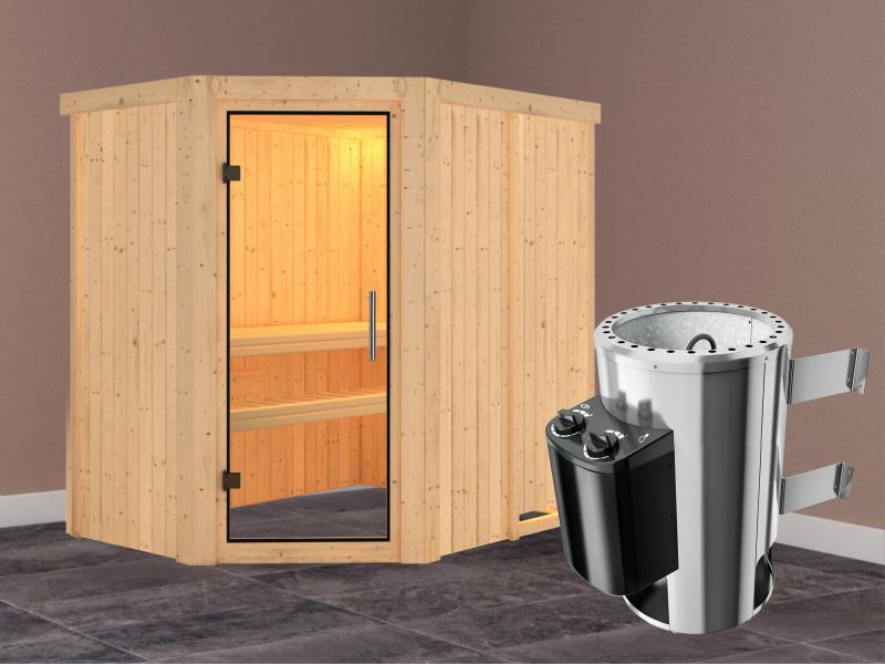 Saja - Karibu Sauna Plug & Play 3,6 kW Ofen, int. Steuerung - ohne Dachkranz - Klarglas Ganzglastür