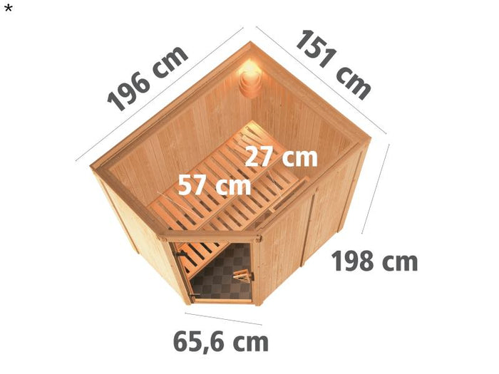 Saja - Karibu Sauna Plug & Play 3,6 kW Ofen, int. Steuerung - ohne Dachkranz - Klarglas Ganzglastür