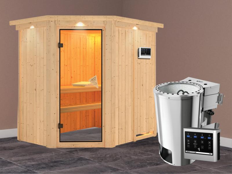 Saja - Karibu Sauna Plug & Play inkl. 3,6 kW-Bioofen - mit Dachkranz -
