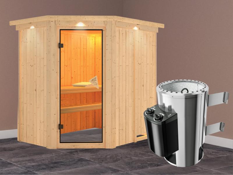 Saja - Karibu Sauna Plug & Play inkl. 3,6 kW-Ofen - mit Dachkranz -