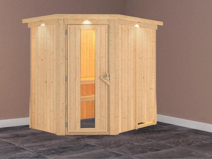 Saja - Karibu Sauna Plug & Play ohne Ofen - mit Dachkranz - Energiespartür