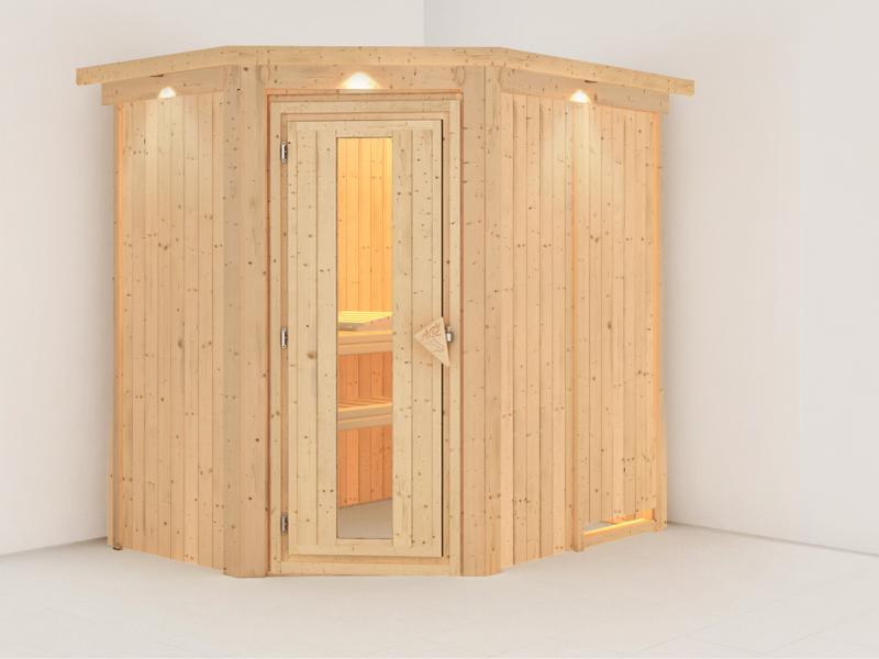 Saja - Karibu Sauna Plug & Play ohne Ofen - mit Dachkranz - Energiespartür