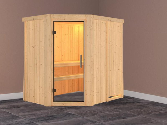 Saja - Karibu Sauna Plug & Play ohne Ofen - ohne Dachkranz - Klarglas Ganzglastür