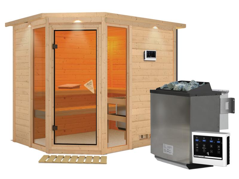 Sinai 3 - Karibu Sauna inkl. 9-kW-Bioofen - mit Dachkranz -