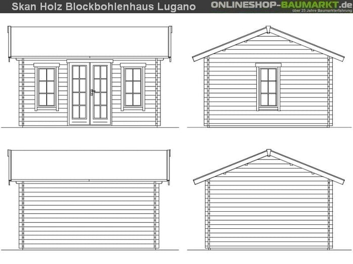 Skan Holz Blockbohlenhaus Lugano 2 Dach dämmbar für Dachziegel 45plus, 420 x 380 cm