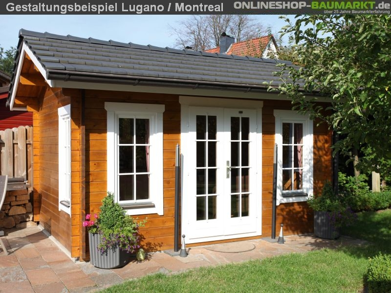 Skan Holz Blockbohlenhaus Lugano 2 Dach dämmbar für Dachziegel 45plus, 420 x 380 cm