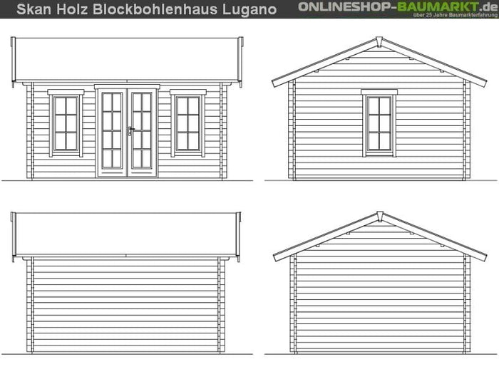 Skan Holz Blockbohlenhaus Lugano 2 Dach dämmbar für Dachschindeln 45plus, 420 x 380 cm