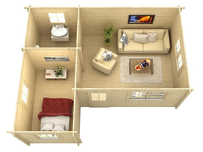 Skan Holz Blockbohlenhaus Ontario, Dach dämmbar für Dachziegel, 70plus, 600 x 500 cm