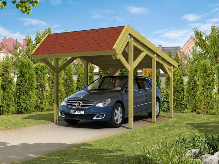 Skan Holz Carport Harz 321 x 560 cm mit roten Schindeln