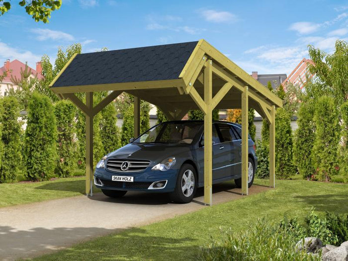 Skan Holz Carport Harz 321 x 560 cm mit schwarzen Schindeln