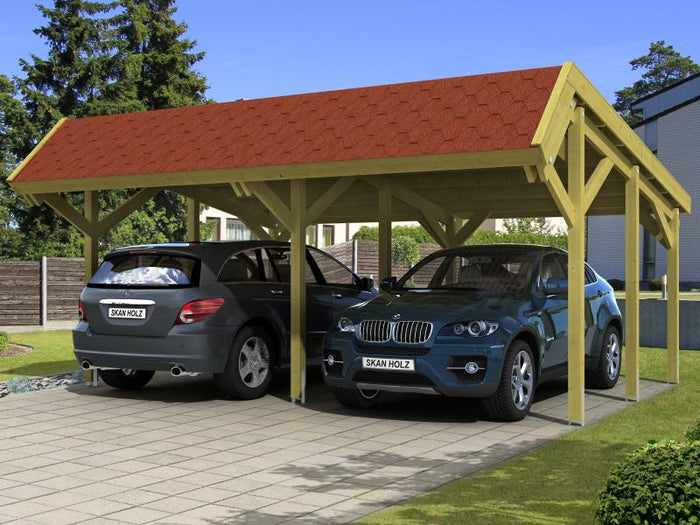 Skan Holz Carport Harz 624 x 560 cm mit roten Schindeln