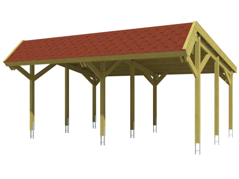 Skan Holz Carport Harz 624 x 560 cm mit roten Schindeln