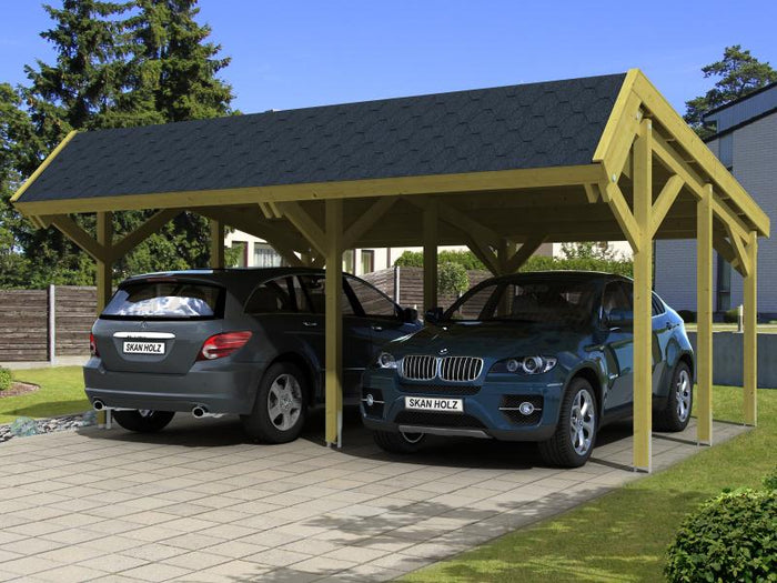 Skan Holz Carport Harz 624 x 560 cm mit schwarz Schindeln