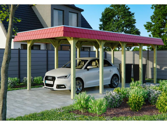 Skan Holz Carport Spreewald 345 x 741 cm mit roter Blende