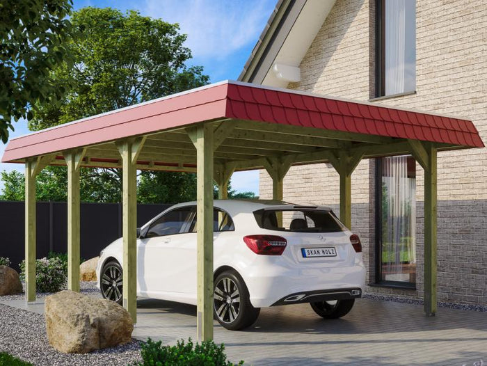 Skan Holz Carport Spreewald 396 x 589 cm mit roter Blende