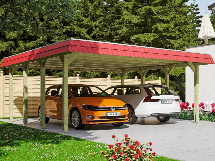 Skan Holz Carport Spreewald 585 x 589 cm mit roter Blende