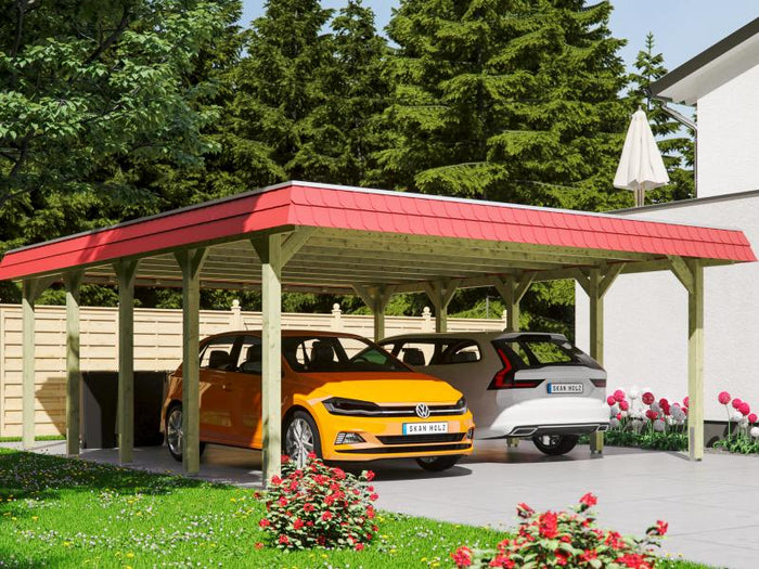 Skan Holz Carport Spreewald 585 x 741 cm mit roter Blende